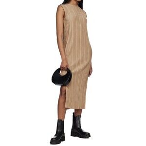 Anine Bing Melanie Pleated Midi Dress Brown Size M Sleeveless Slit